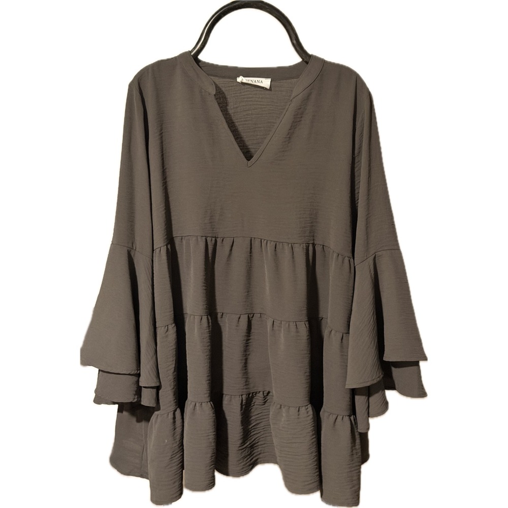 Zenana Women Tiered Babydoll Tunic Top Olive Green Ruffle Bell Sleeve Blouse L